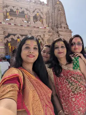 Women pilgrims taking a selfie at a Vrindavan temple