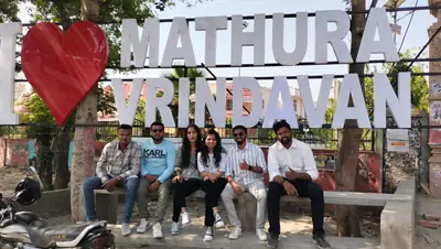 Friends group at the I Love Mathura Vrindavan sign
